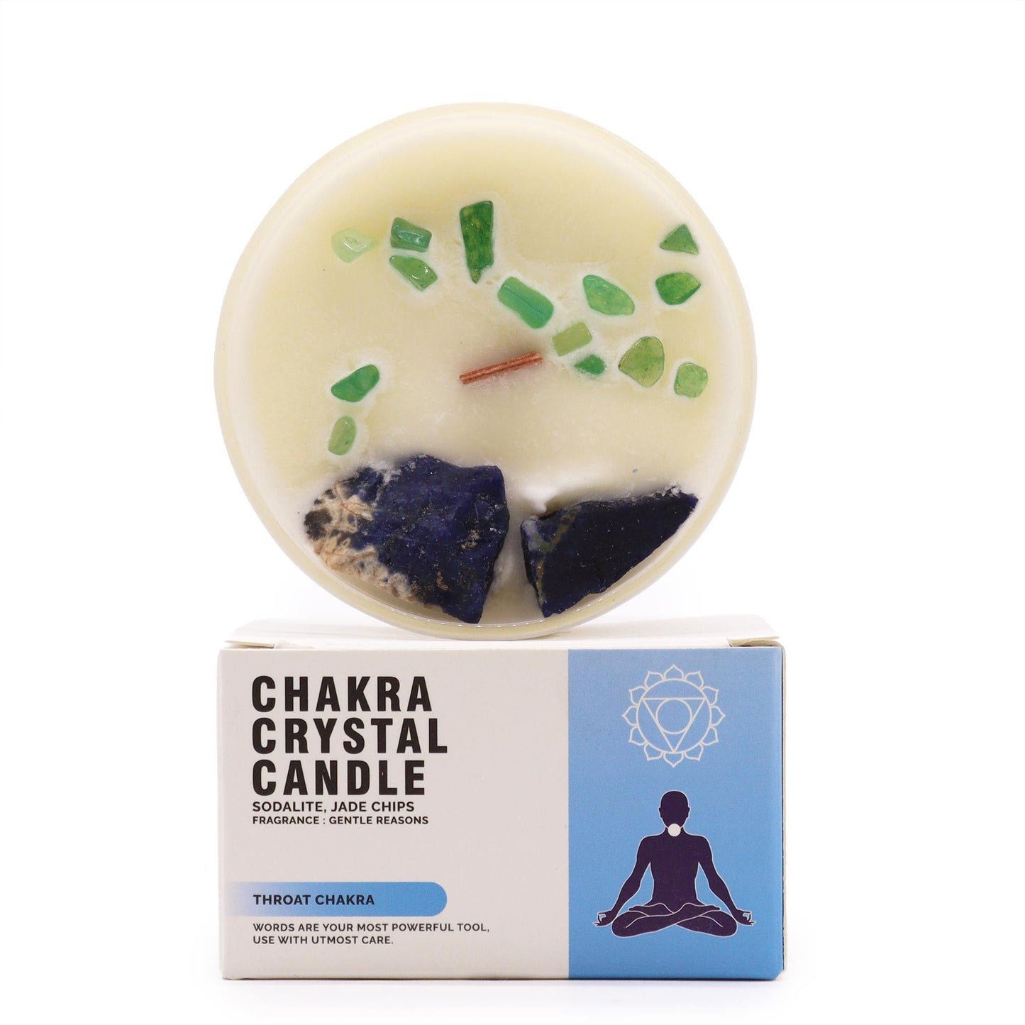 Bougie Chakra de la Gorge en Verre – Cire de Soja Naturelle & Pierres Semi-Précieuses