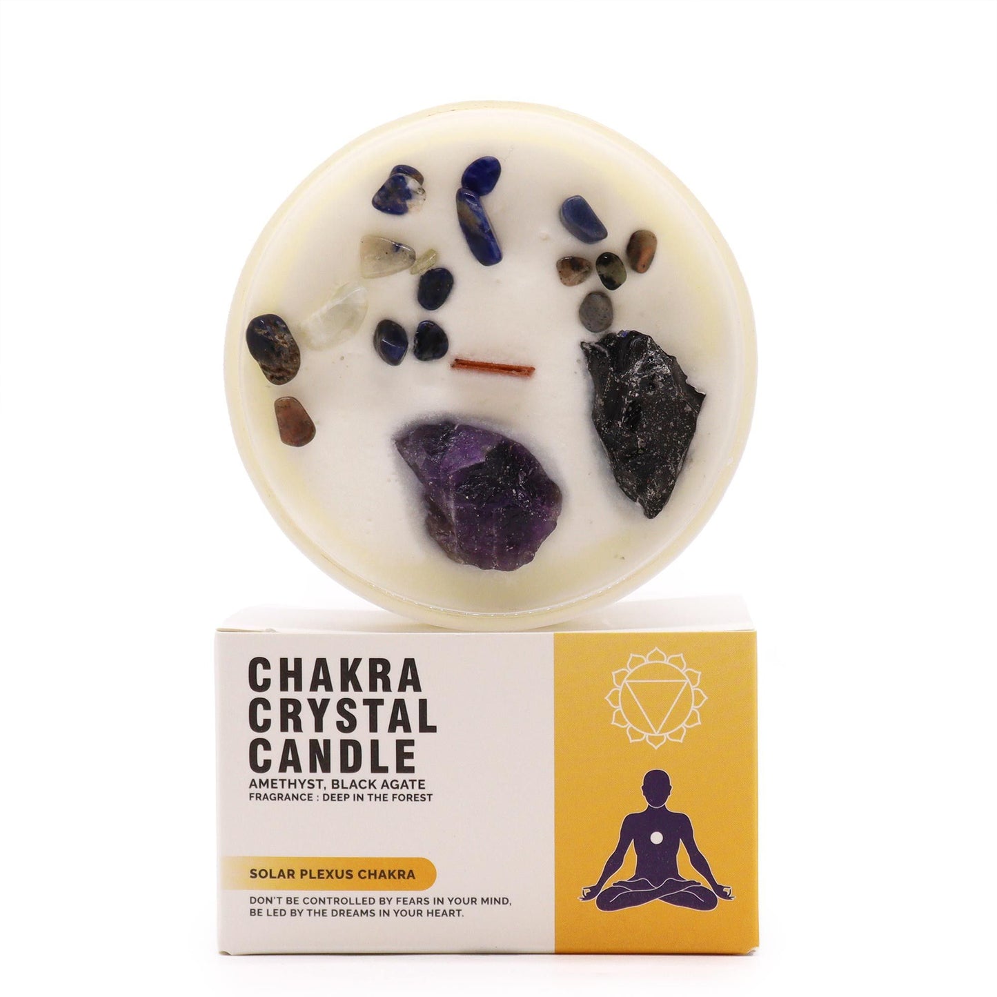 Bougie Chakra du Plexus Solaire en Verre – Améthyste & Parfum Deep in the Forest