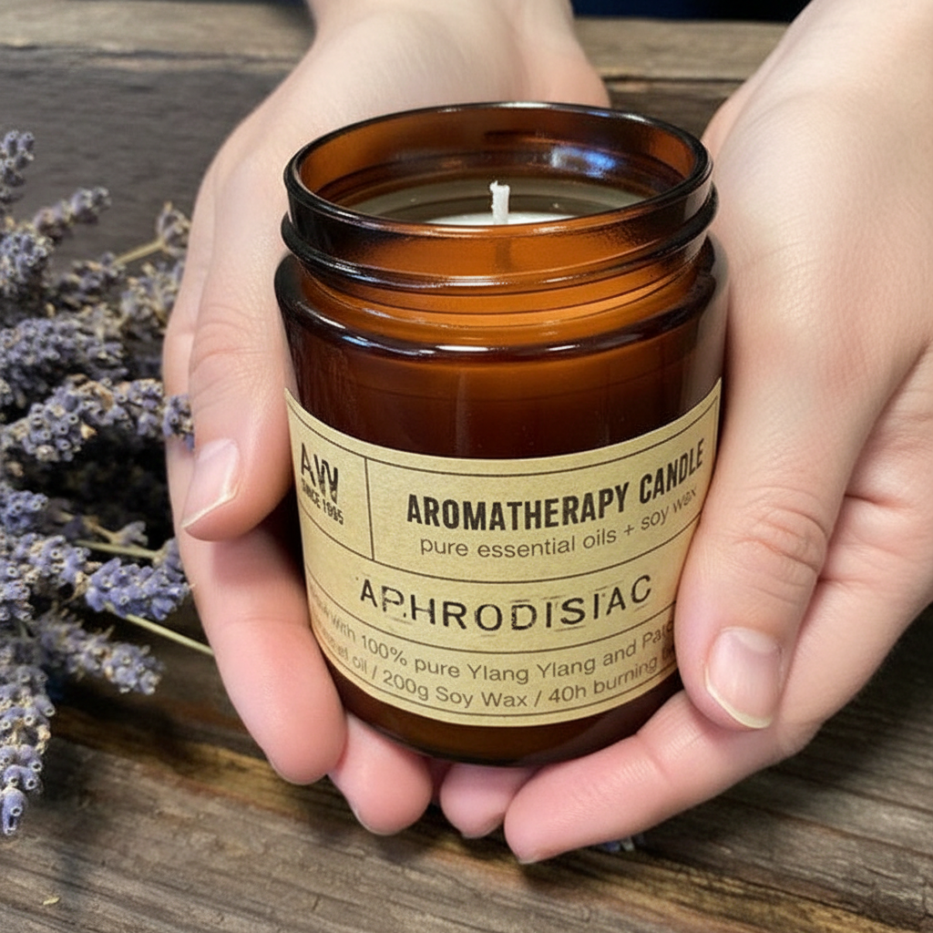 Bougie d’Aromathérapie Aphrodisiaque – Cire de Soja Naturelle & Huiles Essentielles