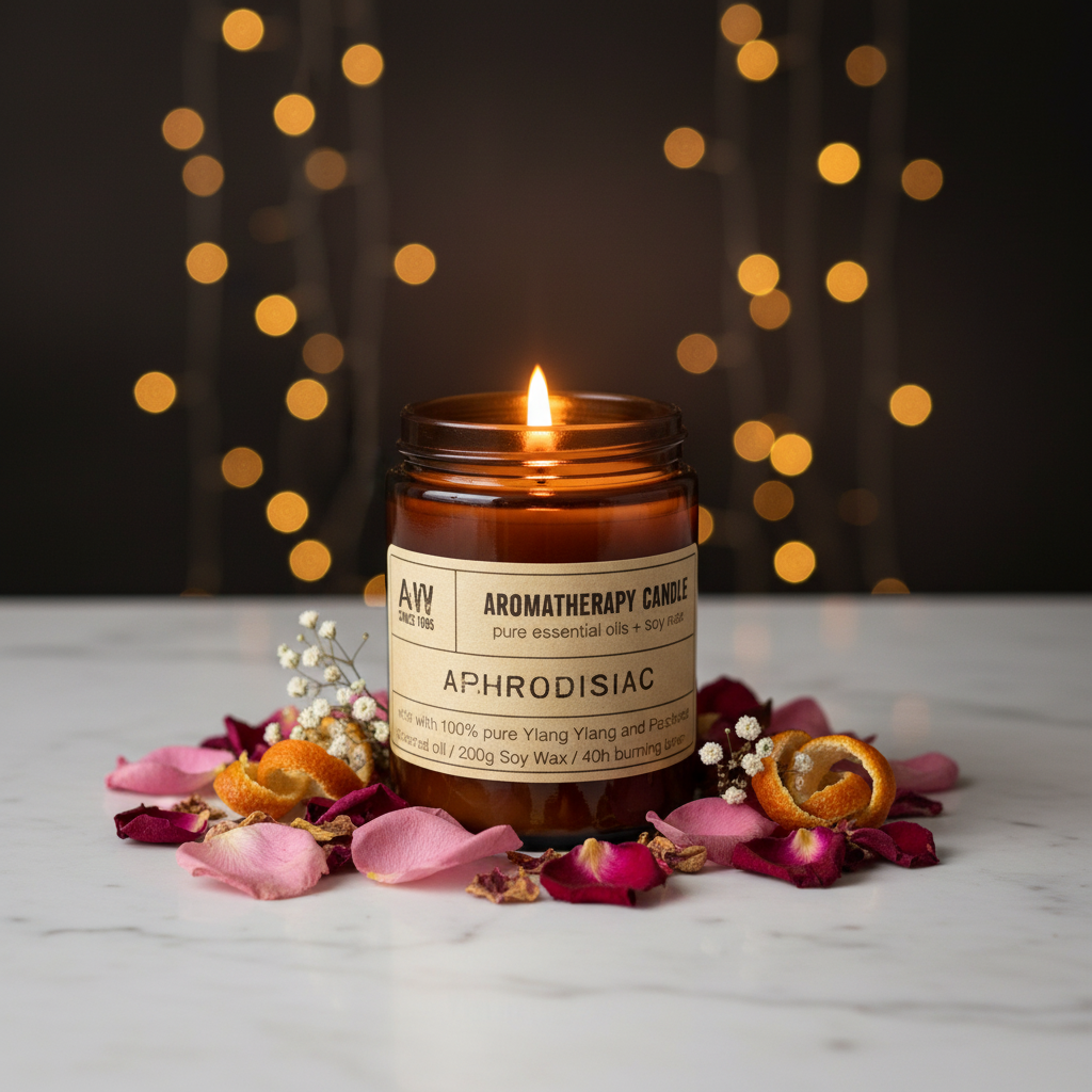 Bougie d’Aromathérapie Aphrodisiaque – Cire de Soja Naturelle & Huiles Essentielles