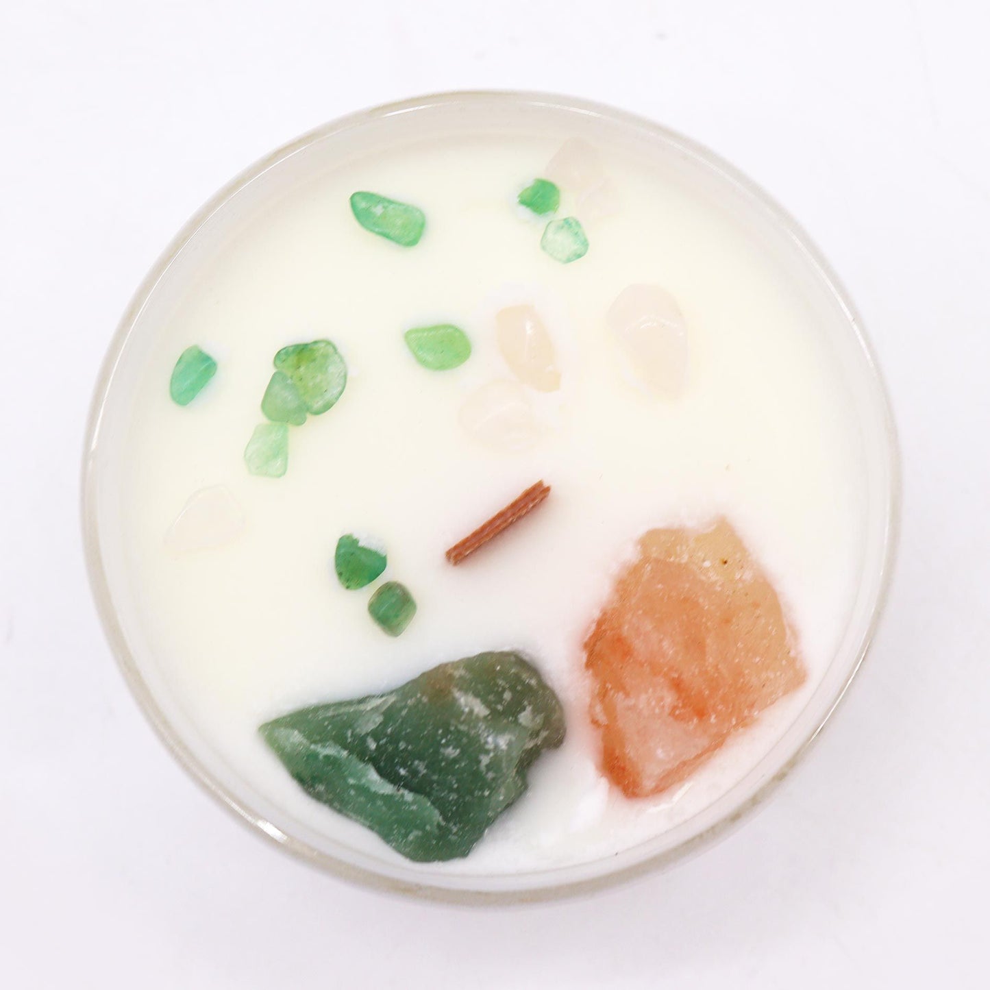 Bougie Chakra du Cœur en Verre – Rose Musquée & Quartz Rose
