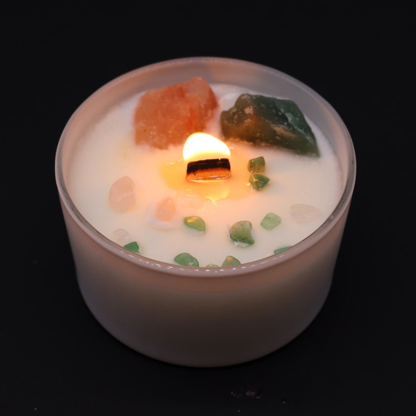Bougie Chakra du Cœur en Verre – Rose Musquée & Quartz Rose