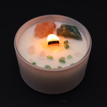 Bougie Chakra du Cœur en Verre – Rose Musquée & Quartz Rose